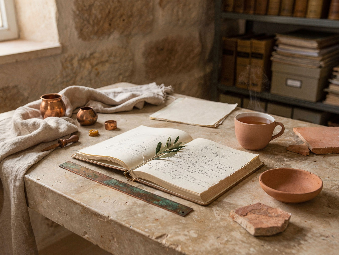 An open bound manual on a limestone table, olive sprig as a bookmark, oxidized copper ruler.