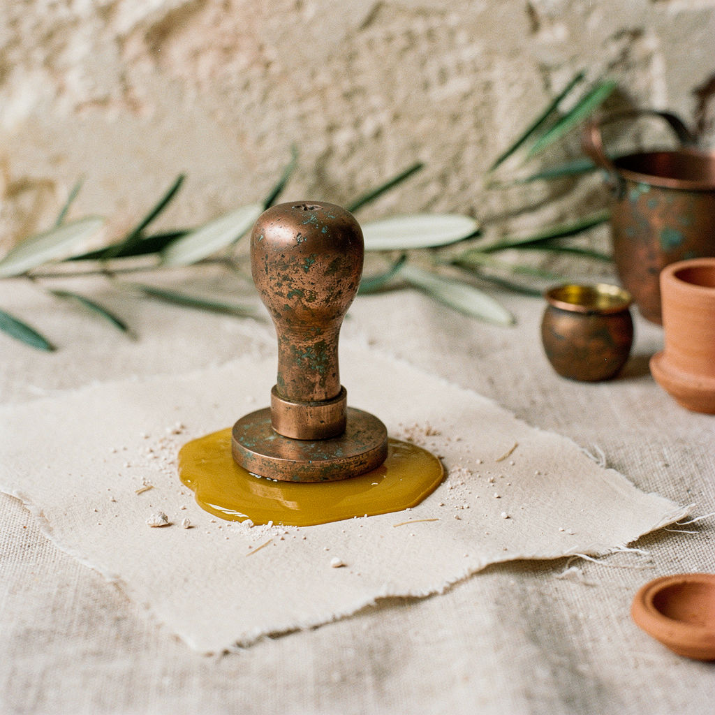 An oxidized copper seal stamp pressed into warm beeswax on linen.