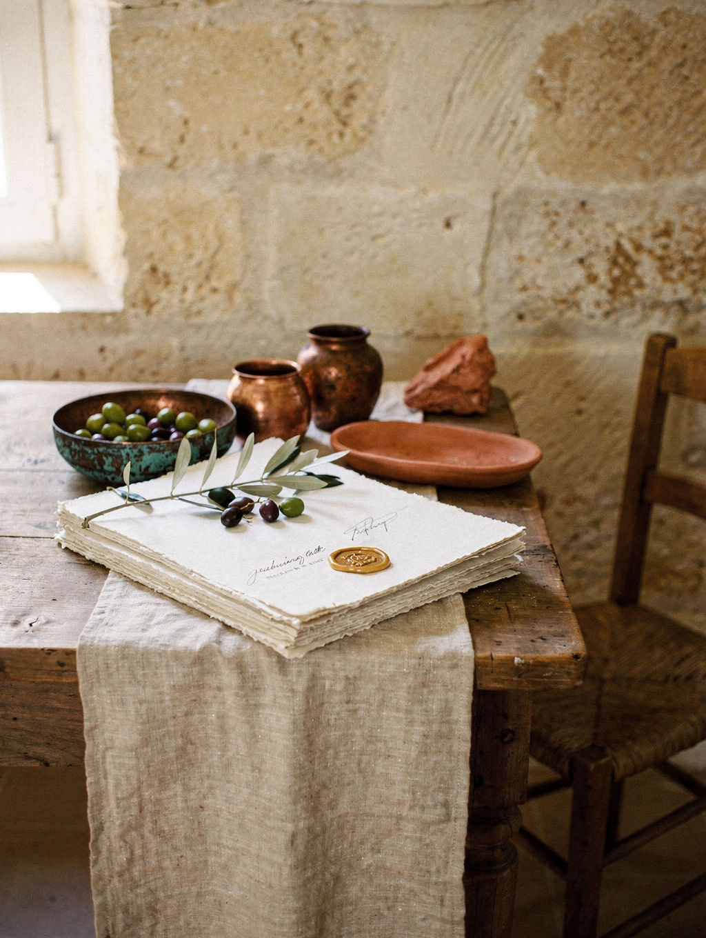 A counsel table against limestone: olive branch on signed briefs, copper vessels, beeswax seal, an empty rush chair.